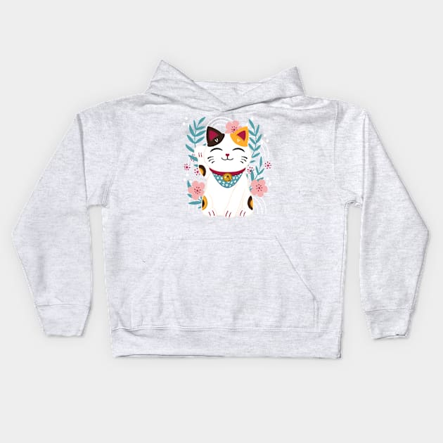 Japanese Lucky Cat With Cherry Blossoms Kids Hoodie by Serena Archetti